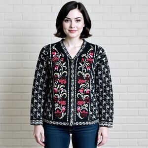 Vintage Chessy Lewis Wool Black Pink Floral Cardigan Sweater Plus Size 2X XXL